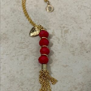 Bourbon and Bowties Gold Necklace with Strawberry charm Red Bead Tassel